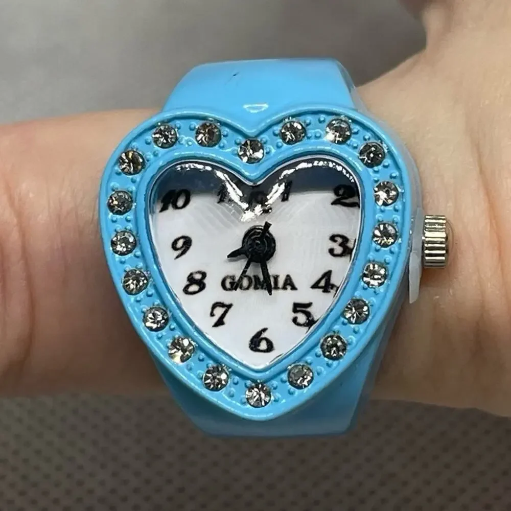 Retro Blue Enameled Stainless Steel Stretch Band Ring Watch With Rhinestones